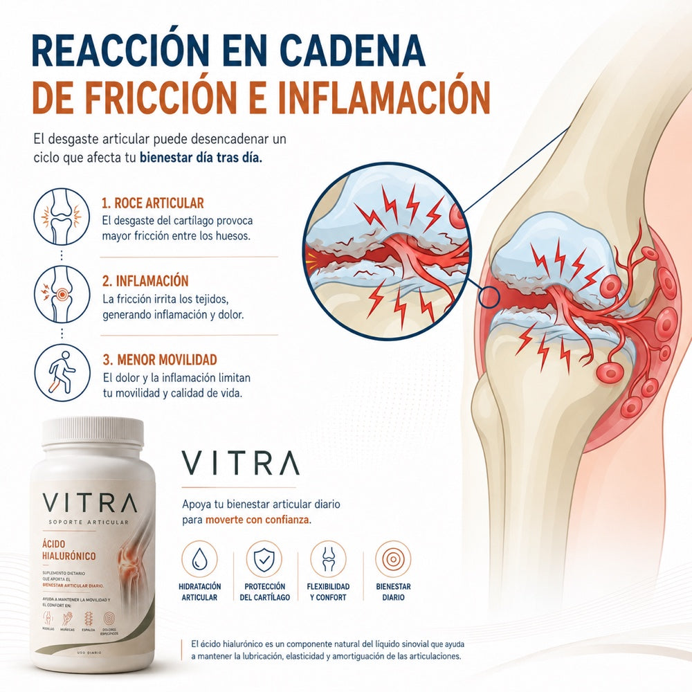 Reacción en cadena de fricción e inflamación: roce articular, inflamación y menor movilidad